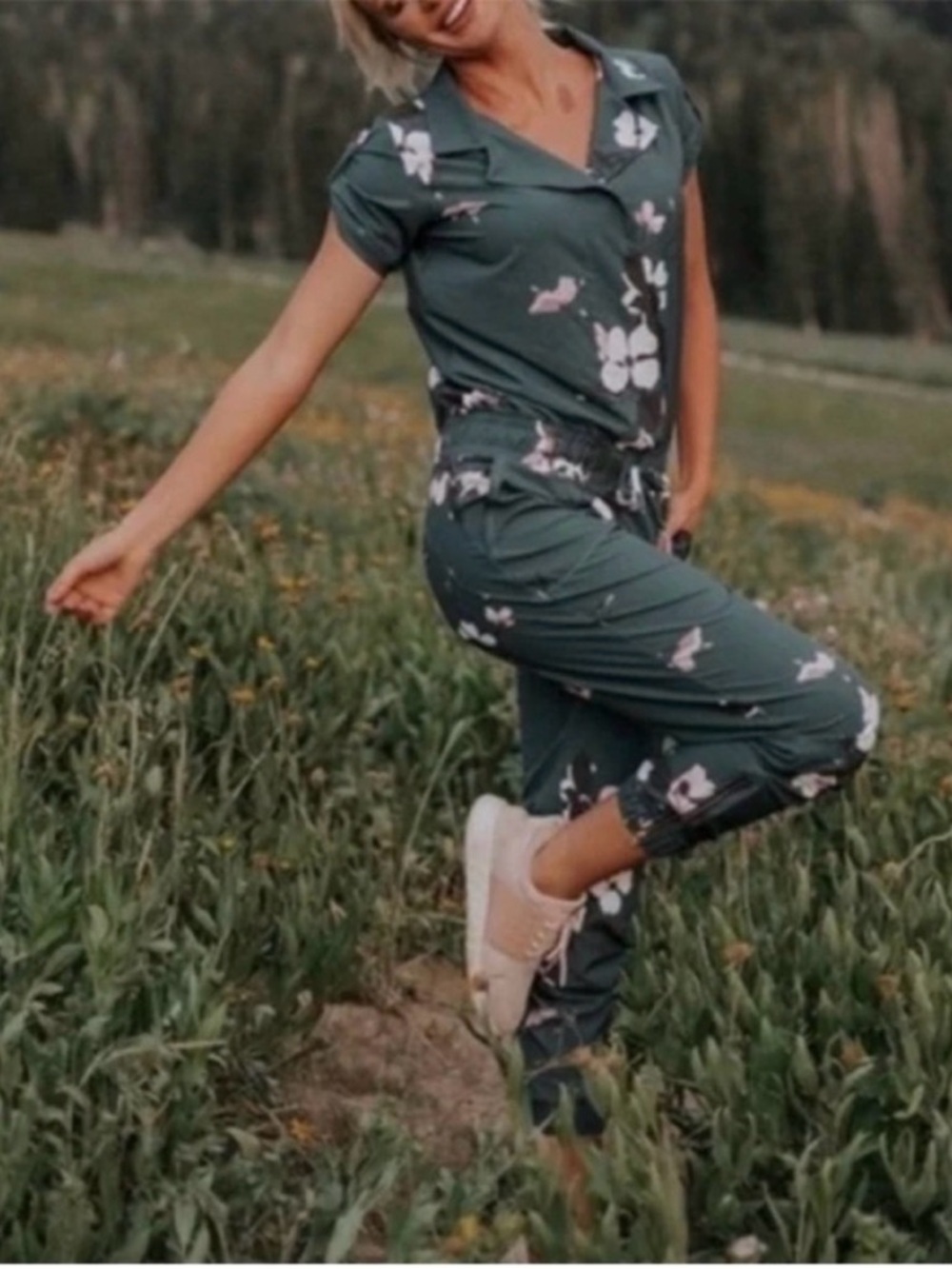 Albion Teal Green Floral Short-Sleeve Jumpsuit